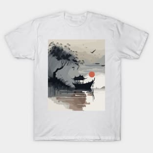 Boat on a Lake Ink Painting T-Shirt